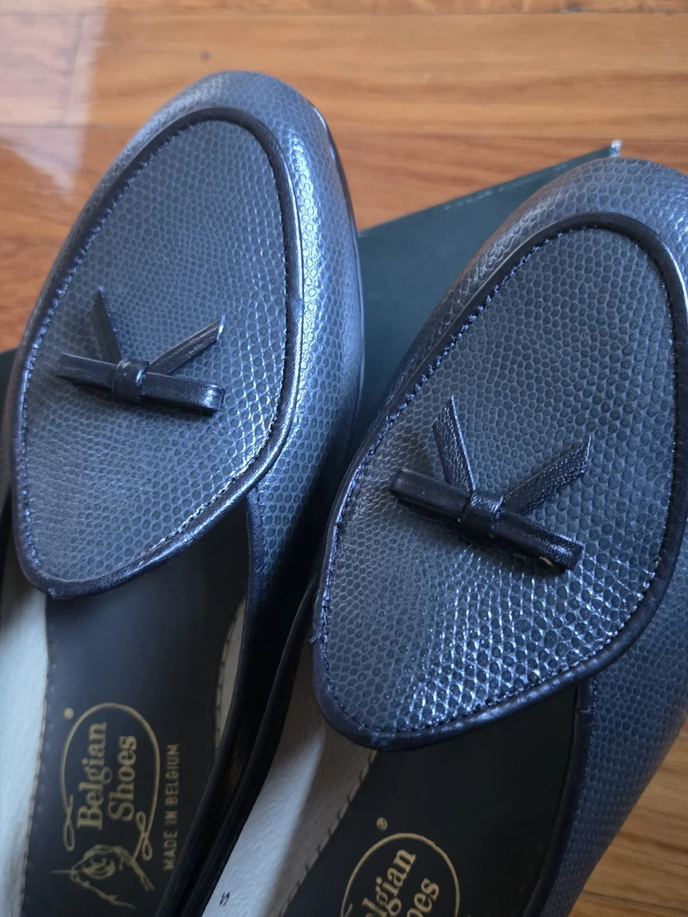 Belgian Shoes 'Midinettes' Lizard Calf Leather Loafers with Bow Accent